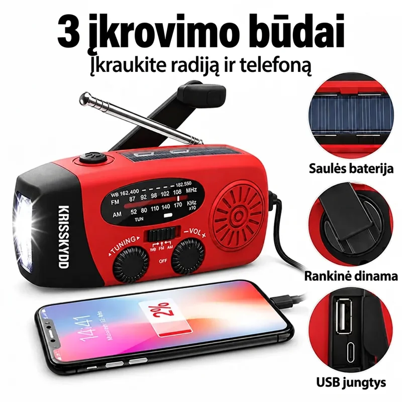 3 įkrovimo būdai: saulės baterija, rankinė dinama ir USB jungtys